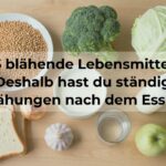 Beitragsbild mit Sojabohnen, Brokkoli, Kohl, Zwiebeln, Milch, Brot, Knoblauch und Äpfeln sowie dem Titel 15 blähende Lebensmittel: Deshalb hast du ständig Blähungen nach dem Essen