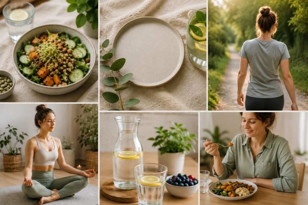 Collage mit ballaststoffreicher Ernährung, Bewegung, Entspannung und ausreichend Flüssigkeit zur Förderung der Darmgesundheit und einer gesunden Verdauung.