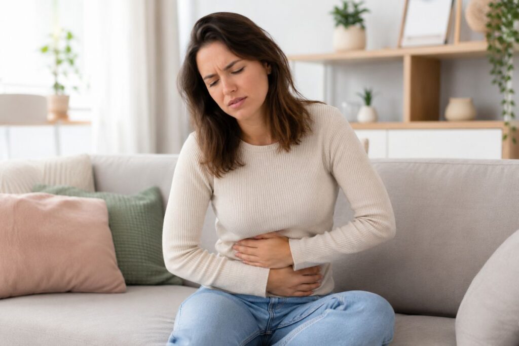 Frau hält sich wegen eines Blähbauchs und Völlegefühl den aufgeblähten Bauch.