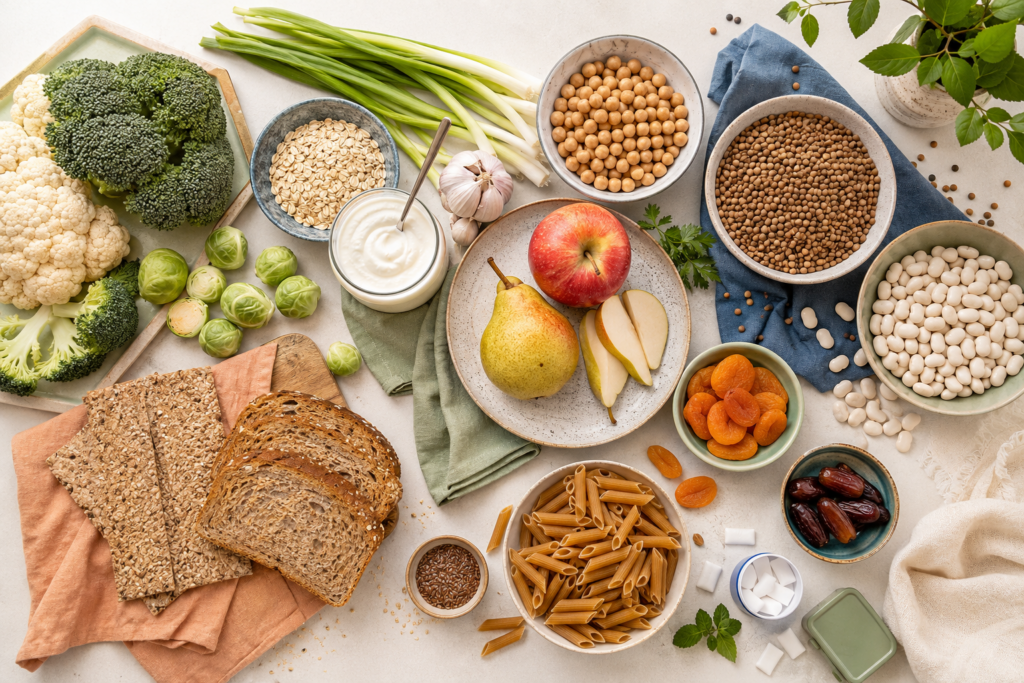 Übersicht mit blähenden Lebensmitteln auf einem Tisch ausgebreitet wie Brokkoli, Blumenkohl, Rosenkohl, Haferflocken, Äpfeln, Birnen, Knoblauch, Lauchzwiebeln, Hülsenfrüchten, Vollkornbrot, Vollkornnudeln, Trockenfrüchten und Milchprodukten.