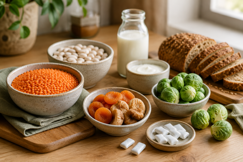 Ein Tisch voll gestellt mit blähenden Lebensmitteln wie Linsen, weißen Bohnen, Rosenkohl, Vollkornbrot, Milchprodukten, Trockenfrüchten und zuckerfreien Kaugummis.