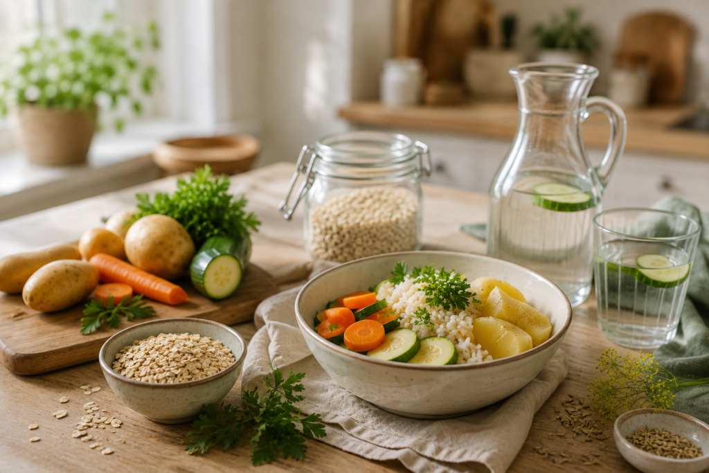 blaehungen-loswerden-lebensmittel-aufgeblaehter-bauch Darmfreundliche Lebensmittel wie Haferflocken, Reis, Kartoffeln, Karotten und Zucchini gegen Blähungen und einen aufgeblähten Bauch auf einem Tisch.