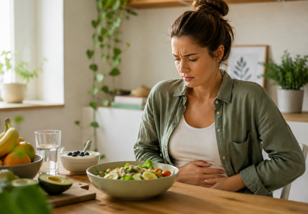 Frau sitzt am Tisch vor einer gesunden Mahlzeit mit Salat, Obst, Joghurt und Avocado und hält sich aber wegen Blähungen mit den Händen den Bauch.