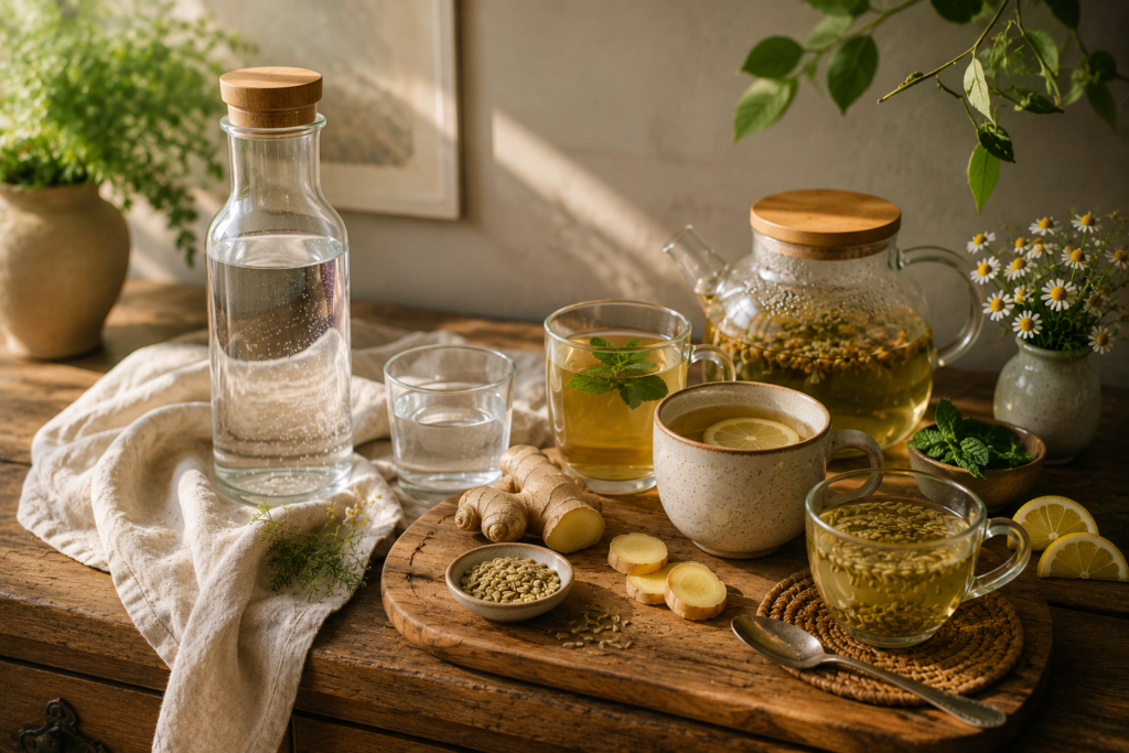 getraenke-gegen-blaehungen Eine Flasche mit stillem Wasser sowie warme Kräutertees mit Ingwer, Fenchel und Minze als Getränke in Tassen bei Blähungen auf einem Sideboard angerichtet.