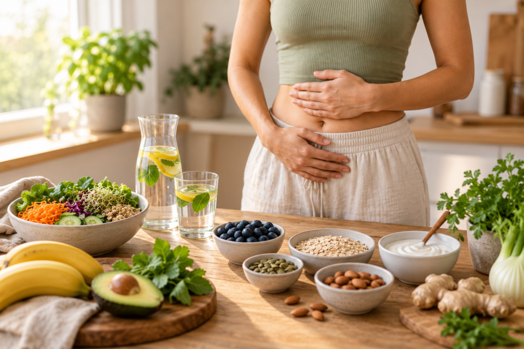 Frau hält sich den Bauch vor gesunden Lebensmitteln wie Haferflocken, Joghurt, Beeren und Ingwer zur Veranschaulichung von Blähbauch, Ernährung und Darmgesundheit.